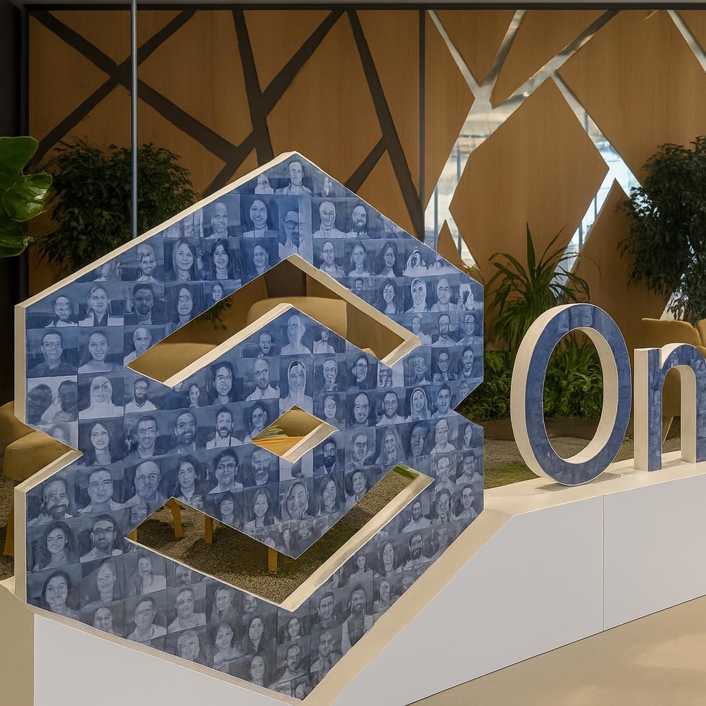 3D selfie sculpture mosaic display at a corporate event in Dubai with guest photos forming a 360-degree interactive art installation